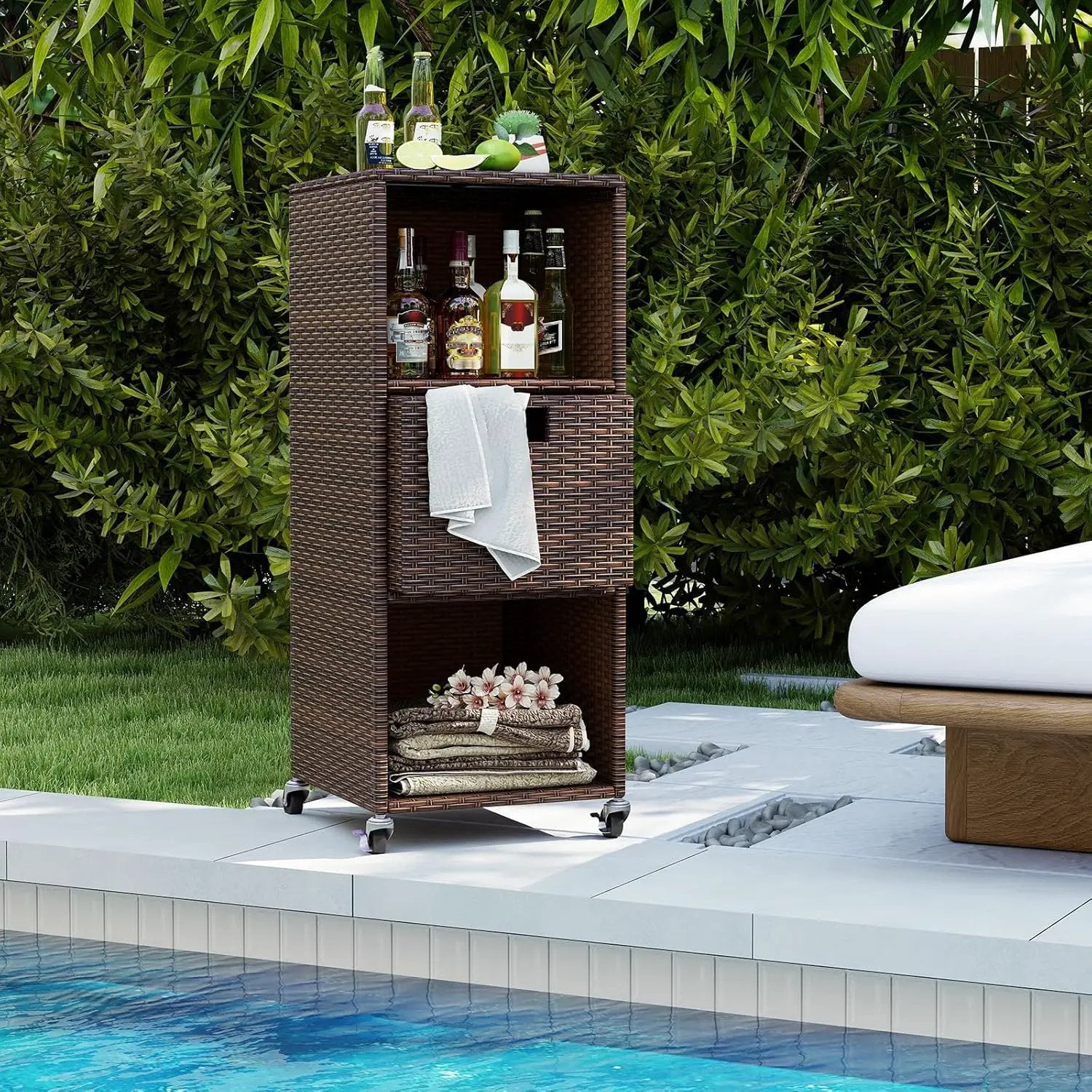 Tangkula Rattan Outdoor Storage Cabinet, Patiojoy Outdoor Wicker Cabinet with 3 Shelves, 1 Removable Drawer, 4 Wheels, Patio Storage Deck Box Cart for Backyard Poolside Porch (Mix Brown) by GreenHaven Gardens