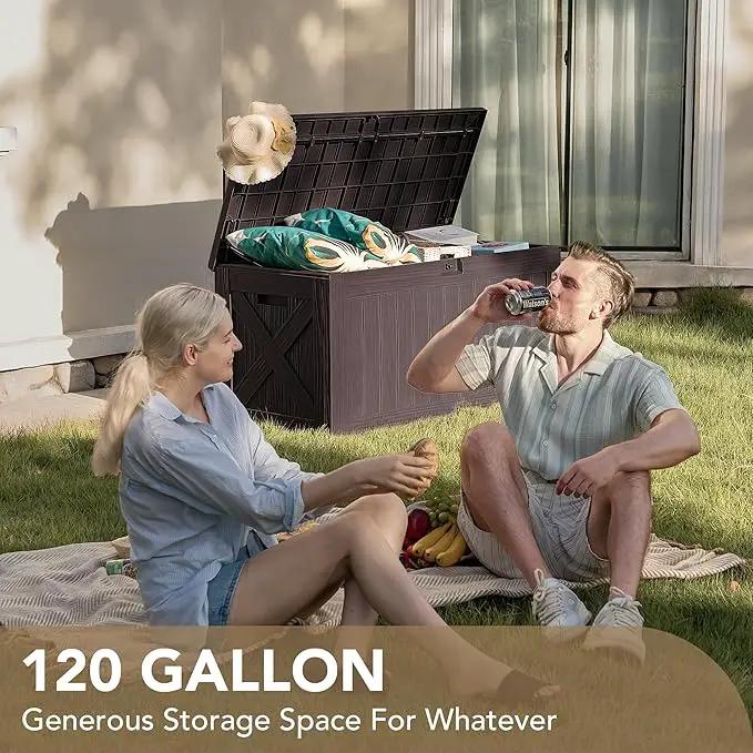 Devoko 120 Gallon Deck Box Resin Outdoor Storage Box Waterproof for Patio, Large Outdoor Storage Bench Lockable for Outside (Deep Brown) by GreenHaven Gardens