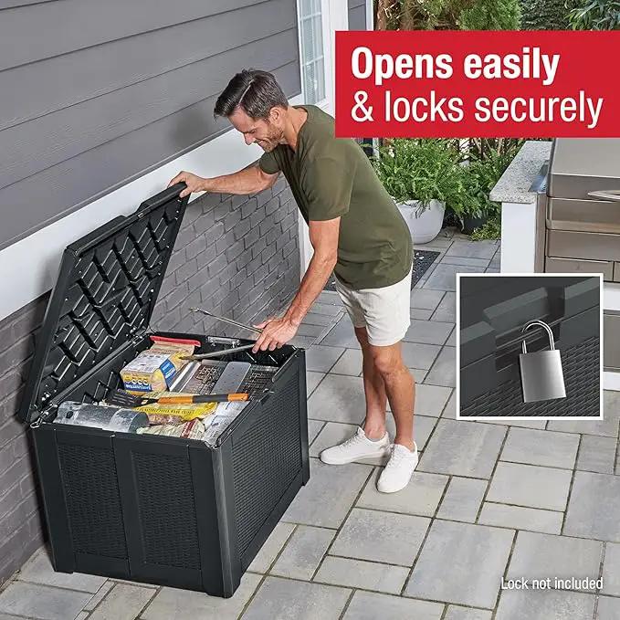 Rubbermaid Medium Resin Outdoor Storage Deck Box (74 Gal), Weather Resistant, Black, Deck Organization for Home/Backyard/Pool Chemicals/Toys/Garden Tools/Porch/Patio Cushions by GreenHaven Gardens