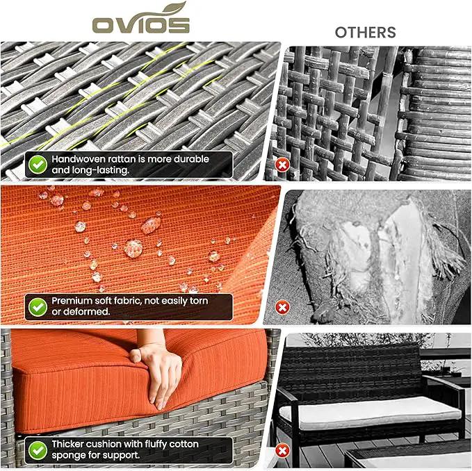 ovios 8 Pieces Patio Furniture Set with 54" Fire Pit Table, Outdoor Wicker Sofa with Comfy Cushions, All Weather High Back Rattan Couch Conversation Set, Orange Red by GreenHaven Gardens