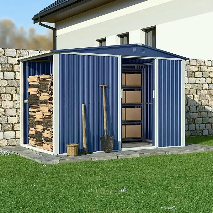 Metal Outdoor Storage Shed 10FT x 6FT with Firewood Storage, Steel Utility Tool Shed Storage House with Sliding Door, Metal Sheds Outdoor Storage for Backyard Garden Patio Lawn, Blue by GreenHaven Gardens
