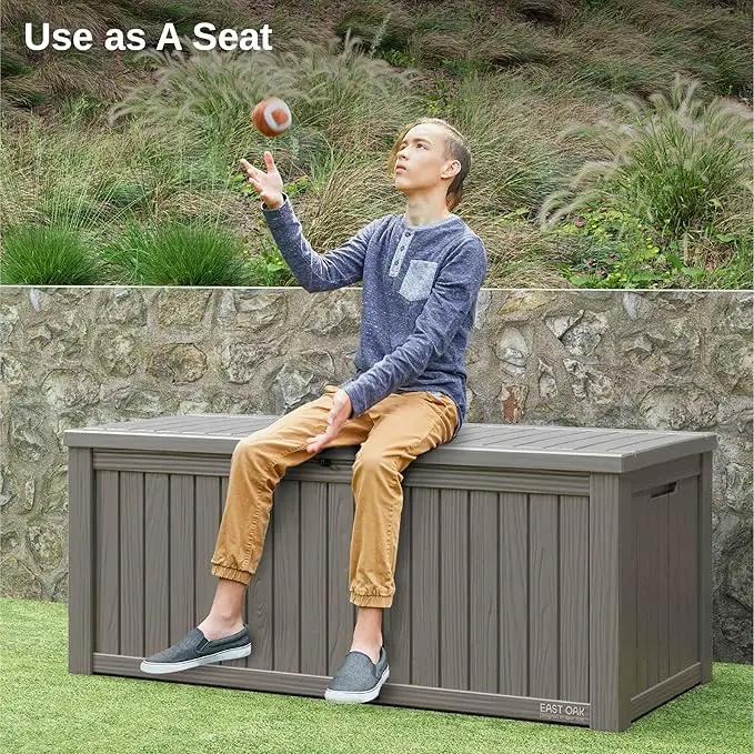 EAST OAK Outdoor Storage Box, 150 Gallon Deck Box, Large Resin Storage Bin for Patio Cushions, Gardening Tools, Lockable, Waterproof and UV Resistant, Grey by GreenHaven Gardens