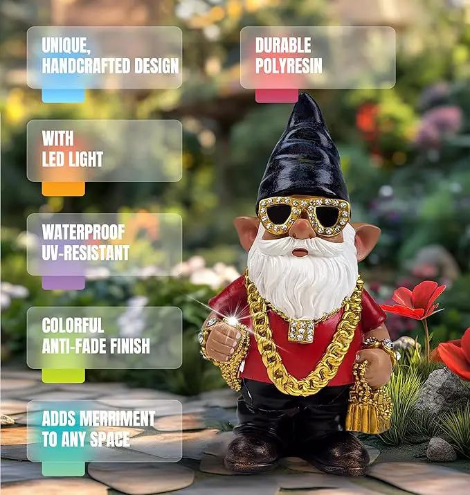 Better Office Products Garden Gnome Statue, 12" Height, Handcrafted Waterproof, UV-Resistant Polyresin Lawn Patio Porch Ornament Decoration (Bling Rapper with Solar Light) by GreenHaven Gardens