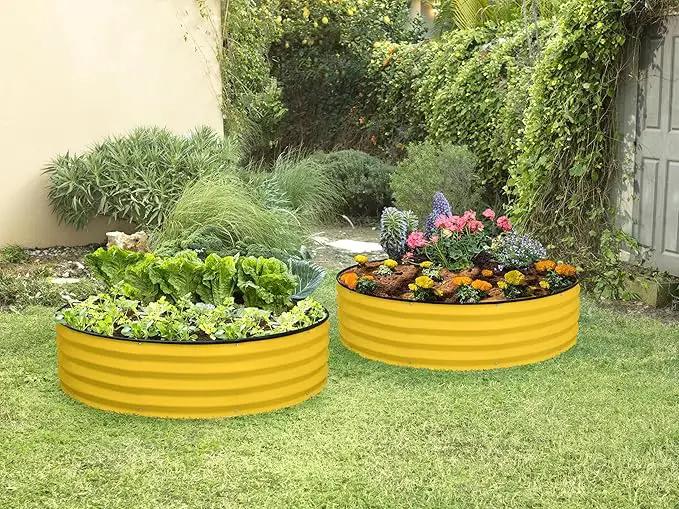 Round Galvanized Raised Garden Bed // 4×4×1 ft Galvanized Raised Garden Beds Outdoor for Gardening, Vegetables, Flowers // Patented Tool-Free Design Round Planter (Yellow) by GreenHaven Gardens