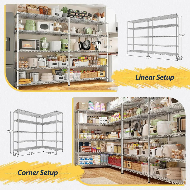 REIBII 70" W Wire Shelving Load 1500LBS, Metal Shelving 5-Tier Storage Shelves Metal Shelves for Storage Adjustable Shelving Rack for Pantry Kitchen Commercial School 70" W*15.8" D*72.4" H,Chrome by GreenHaven Gardens