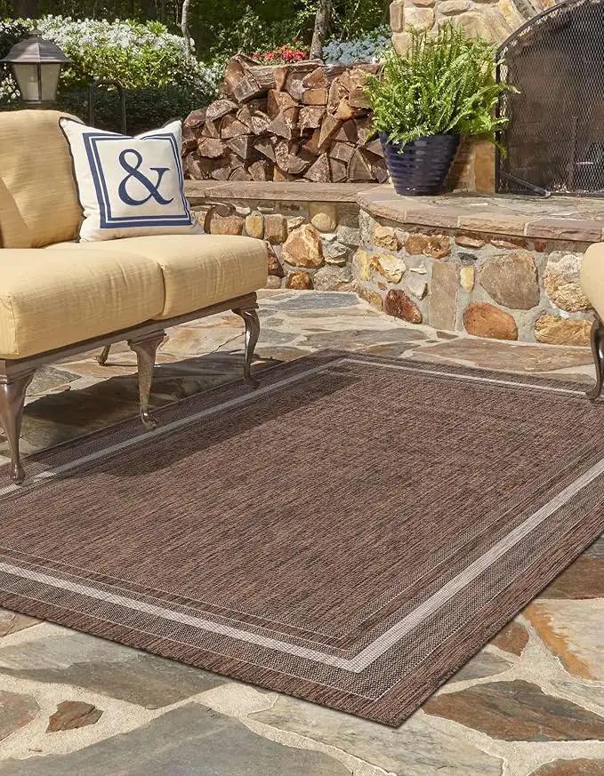 Unique Loom Outdoor Border Collection Area Rug - Soft Border (10' x 13' 1" Rectangle Brown/Ivory) by GreenHaven Gardens