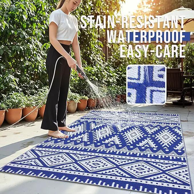 OLANLY Outdoor Rug Waterproof 4x6 ft, Reversible Outdoor Plastic Straw Rug, Boho Patio Rug, Indoor Outdoor Carpet, RV Mat Outside for Patio, Camp, Picnic, Balcony, Deck, Backyard, Blue & White by GreenHaven Gardens