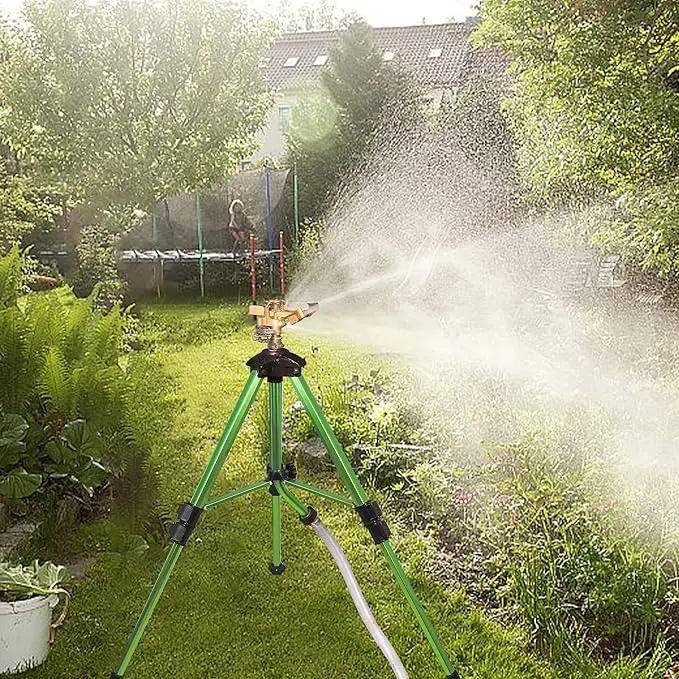 Triumpeek Impact Sprinkler on Tripod Base with Stakes, 360 Degree Large Area Coverage Irrigator with Extension Legs, Adjustable Brass Sprinkler Head Nozzle and 3/4" NH Inlet Hose Connection (1) by GreenHaven Gardens