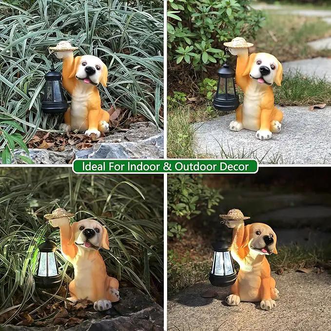 Garden Dog Statues - Adorable Resin Dog Figurines with Straw Hat and Solar LED Lantern, Puppy Decorations Outdoor Solar Light for Yard Patio Lawn Porch, Ornament Gift by GreenHaven Gardens