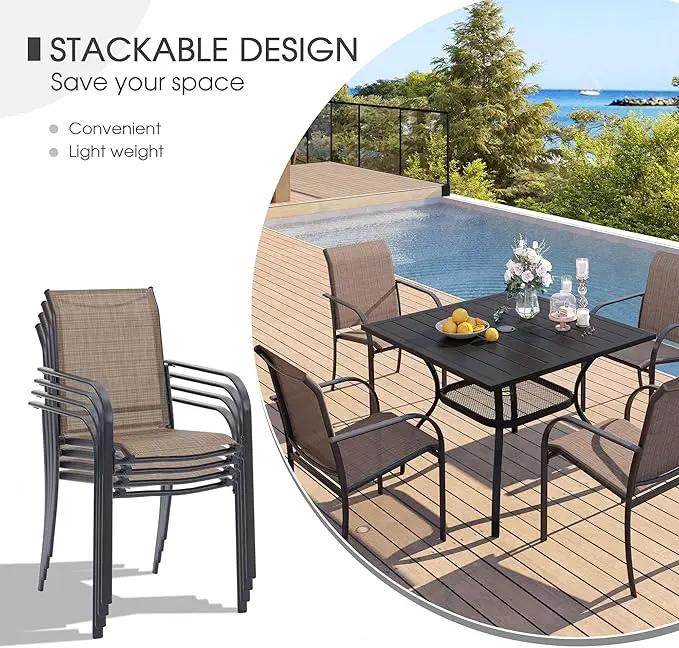 VICLLAX Patio Dining Set for 4, Outdoor Furniture Set Includes 41.2" Round Patio Table and 4 Patio Sling Chairs, Black Tabletop and Brown Fabric by GreenHaven Gardens