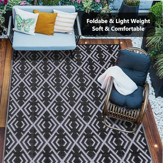 Outdoor Plastic Straw Rug, Waterproof Outdoor Rugs for Patios Clearance, Reversible Area Rug, Large Outside Carpet for Camping, Balcony, RV, Deck, Picnic, Beach (6x9ft Boho/Black&Grey) by GreenHaven Gardens