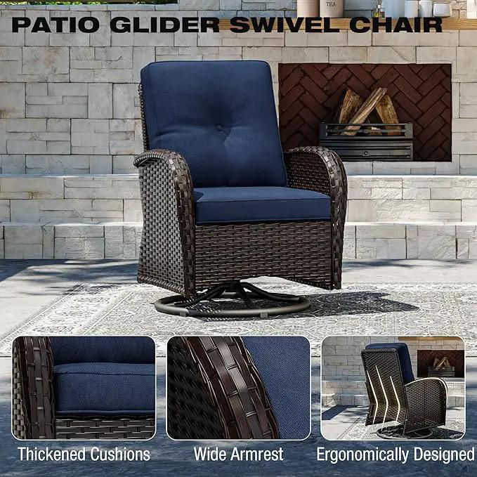 Joyside 6 Piece Patio Furniture Set, Outdoor Wicker Conversation Sets with Swivel Rocker Chairs and Sofa, Thick Cushion, Rattan Patio Sectional for Porch, Deck Use (Brown/Blue, 6 PCS) by GreenHaven Gardens
