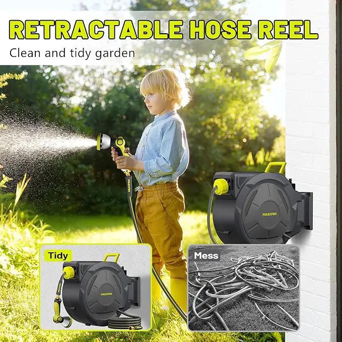Retractable Garden Hose Reel 160Ft Extra Long, PHLEX PRO Heavy Duty Automatic Water Hose Reel Wall Mounted with 10 Pattern Nozzle, Any Length Lock, Slow Return System, 180°Swivel Bracket by GreenHaven Gardens