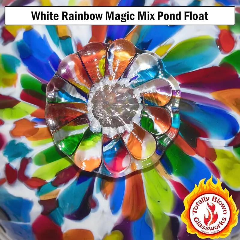 Pond Float. Handmade Blown Glass, Garden Gazing Ball, Table Centerpiece, Assorted sizes available. Home and Patio Decor. Artist Dehanna Jones. Seattle, WA. (White Rainbow MM) by GreenHaven Gardens