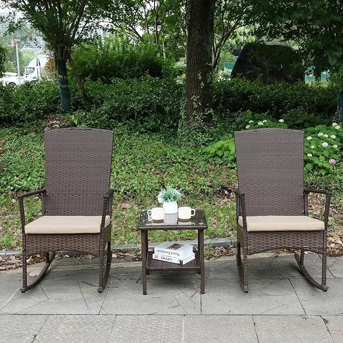 Outdoor Rocking Chair 3 Pieces High-Backed Rocking Chair Outdoor Patio Rocking Chairs Outdoor Table, Khaki by GreenHaven Gardens