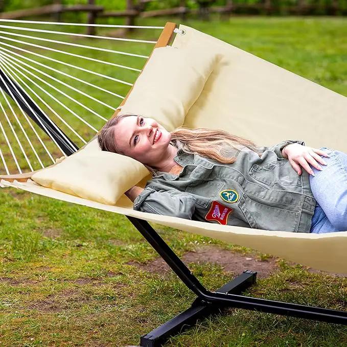 SUNCREAT Hammocks for Outside with Stand Included, Double Hammock with Curved Spreader Bar, Carrying Bag, Beige by GreenHaven Gardens