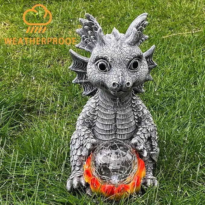 Solar Garden Statue Dragon Figurine with 7-Color Changing Solar Crackle Globe Lights- Loving Dragon for Patio,Balcony,Yard, Lawn-Unique Idea Gifts (Grey) by GreenHaven Gardens