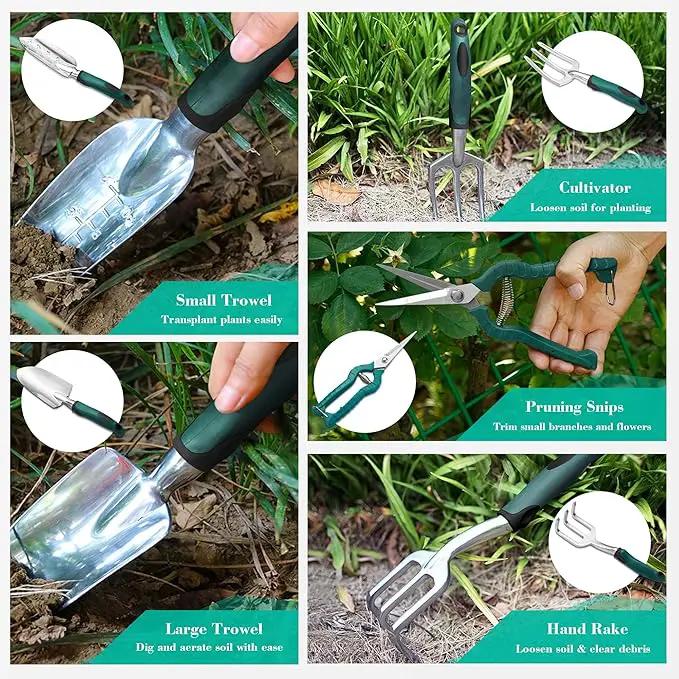 FiveJoy Garden Tool Set, 11 PCS Aluminum Gardening Hand Tools with Tote Bag, Ergonomic Handle, Gift for Women, Men, Mom, Dad, Garden Starter Kit by GreenHaven Gardens