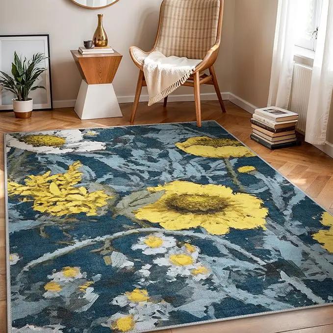 GENIMO Indoor Outdoor Area Rug 8' X 10' Waterproof, Washable Patio Rug Non Shedding, Easy Cleaning Floral Outdoor Carpet for Living Room, Bedroom, Dining Room, Balcony, Deck, RV, Backyard, Blue Yellow by GreenHaven Gardens