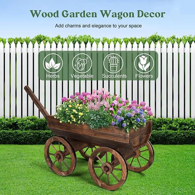 Wood Wagon Planter for Outdoor Balcony Decor - Garden Rustic Wooden Flower Cart with Wheels for Outside Garden Decor Wheelbarrow Planter for Patio by GreenHaven Gardens