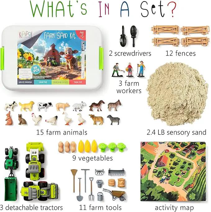59 PCS Farm Sensory Bin Sandbox with Lid, 2.2 LB Sensory Sand, 40 Toddler Farm Toys, 3 Take Apart Construction Trucks -Sensory Toys for Kids 5-7, 3-4 & Up- Kids Gifts for Boys and Girls by GreenHaven Gardens