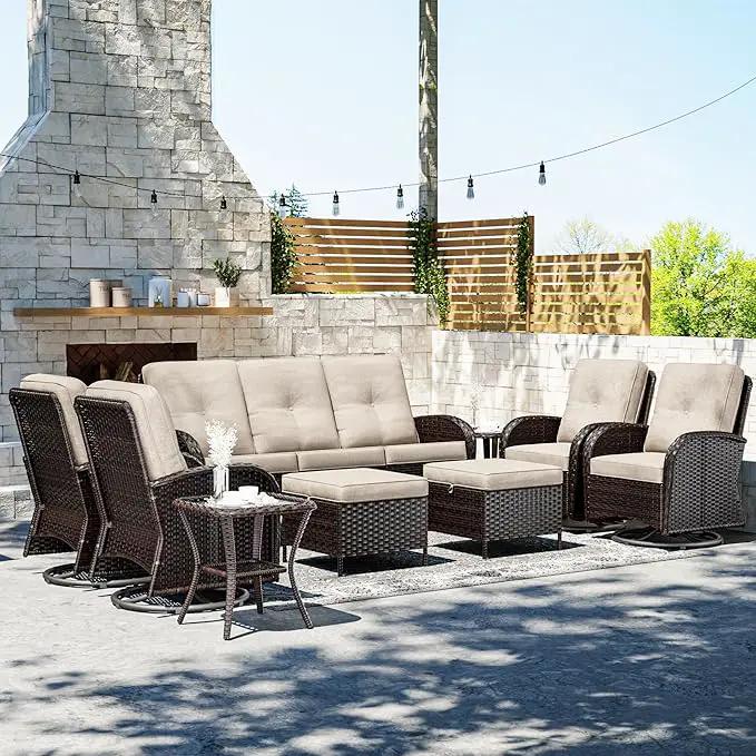 Joyside 9 Piece Patio Furniture Set, Outdoor Wicker Conversation Sets with Swivel Rocker Chairs and Sofa, Thick Cushion, Rattan Patio Sectional for Porch, Deck Use (Brown/Beige, 9 PCS) by GreenHaven Gardens