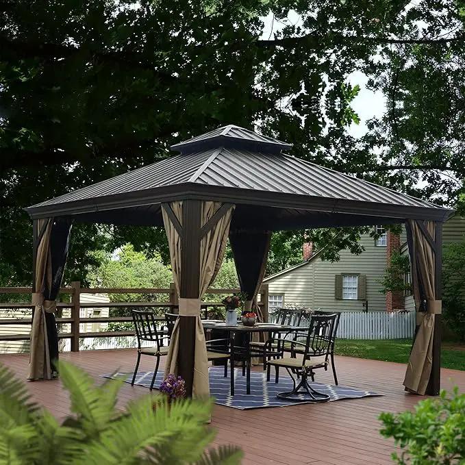 Kozyard Alexander 12' X 12' Hardtop Gazebo, Aluminum Metal Gazebo with Galvanized Steel Double Roof Canopy, Curtain and Netting for Patio Backyard Deck Lawn Brown by GreenHaven Gardens