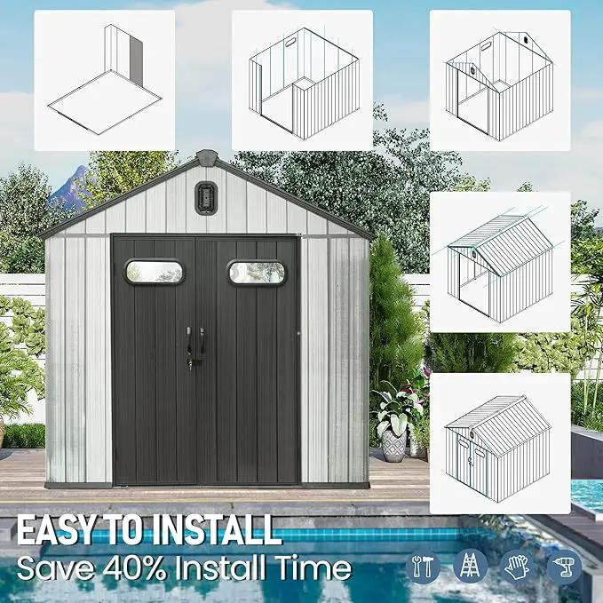 Domi 8x6 FT Outdoor Resin Storage Shed, All-Weather Double-Wall Storage Building for Backyard, Garden, Lawn Tools, Mower, Bike & Pool Equipment, Lockable Doors, Ventilated Roof, Grey by GreenHaven Gardens