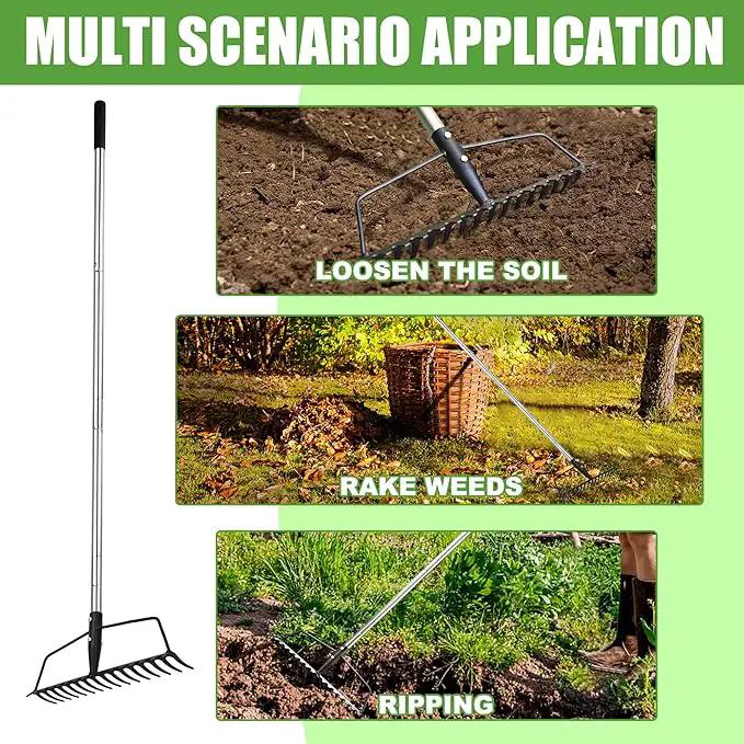 Garden Rake, Metal Sturdy and Heavy Duty Metal Rake, 16-Tine Bow Rake with Adjustable Stainless Steel Handle, Long Shaft for Loosening Soil, Leveling Mulch, Gathering Leaves by GreenHaven Gardens