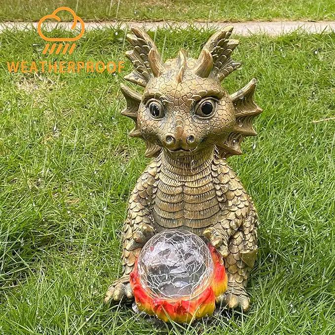 Solar Garden Statue Dragon Figurine with 7-Color Changing Solar Crackle Globe Lights- Loving Dragon for Patio,Balcony,Yard, Lawn-Unique Idea Gifts (Grey) by GreenHaven Gardens