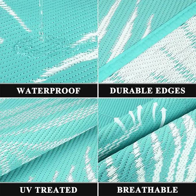 Pauwer Waterproof Outdoor Rug 6x9, Reversible Plastic Straw Patio Camping Rug, Indoor Outdoor RV Mat Carpet for Deck, Camper, Porch, Balcony, Backyard, Picnic, Leaf Light Blue by GreenHaven Gardens