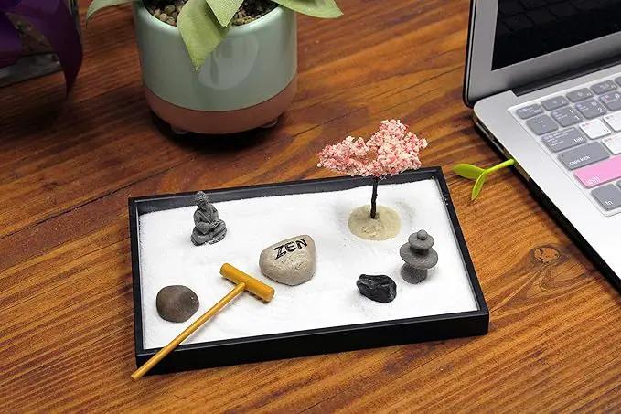 Nature's Mark Mini Zen Garden Kit for Desk with Rake, White Sand, Buddha, Lantern, Black Rectangle Base, River Rocks and Mini Blossom Tree (8Lx5W C) by GreenHaven Gardens