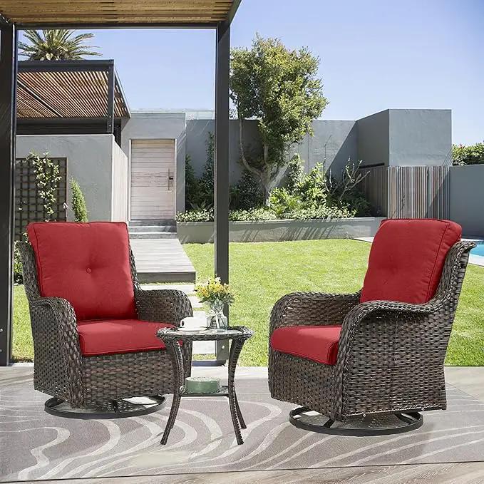 Outdoor Swivel Rocker Patio Chairs - 3 Piece Outdoor Bistro Set Wicker Patio Rocking Chairs Set of 2 with Side Table, 360 Degree Swivel Glider Seating for Porch Balcony Deck Brown/Red by GreenHaven Gardens