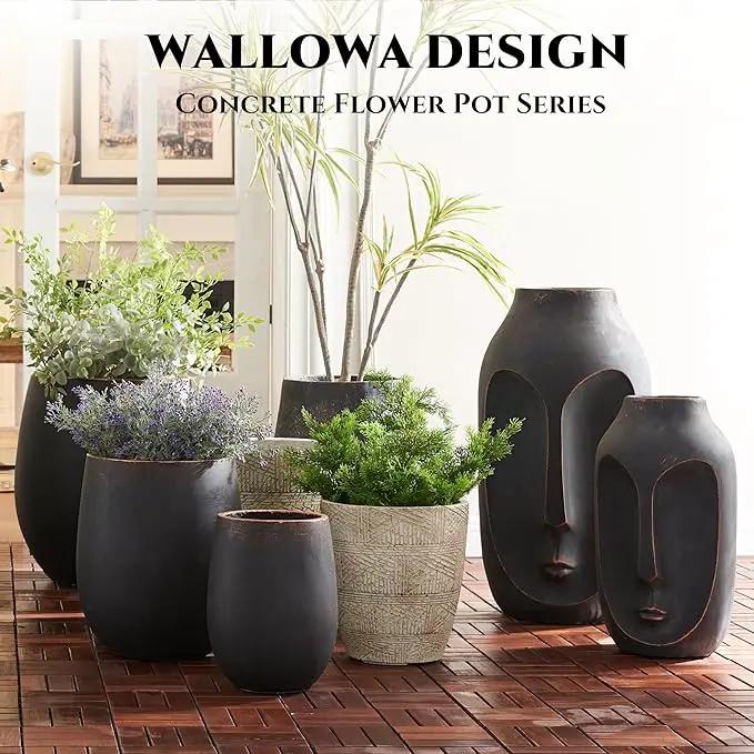 15.5" H Outdoor Concrete Planter, Round Flower Pot with Drainage Hole and Silicone Plug, Plant Container for Garden, Patio, Home, Office, Black, Copper Rim, 1 Pack by GreenHaven Gardens