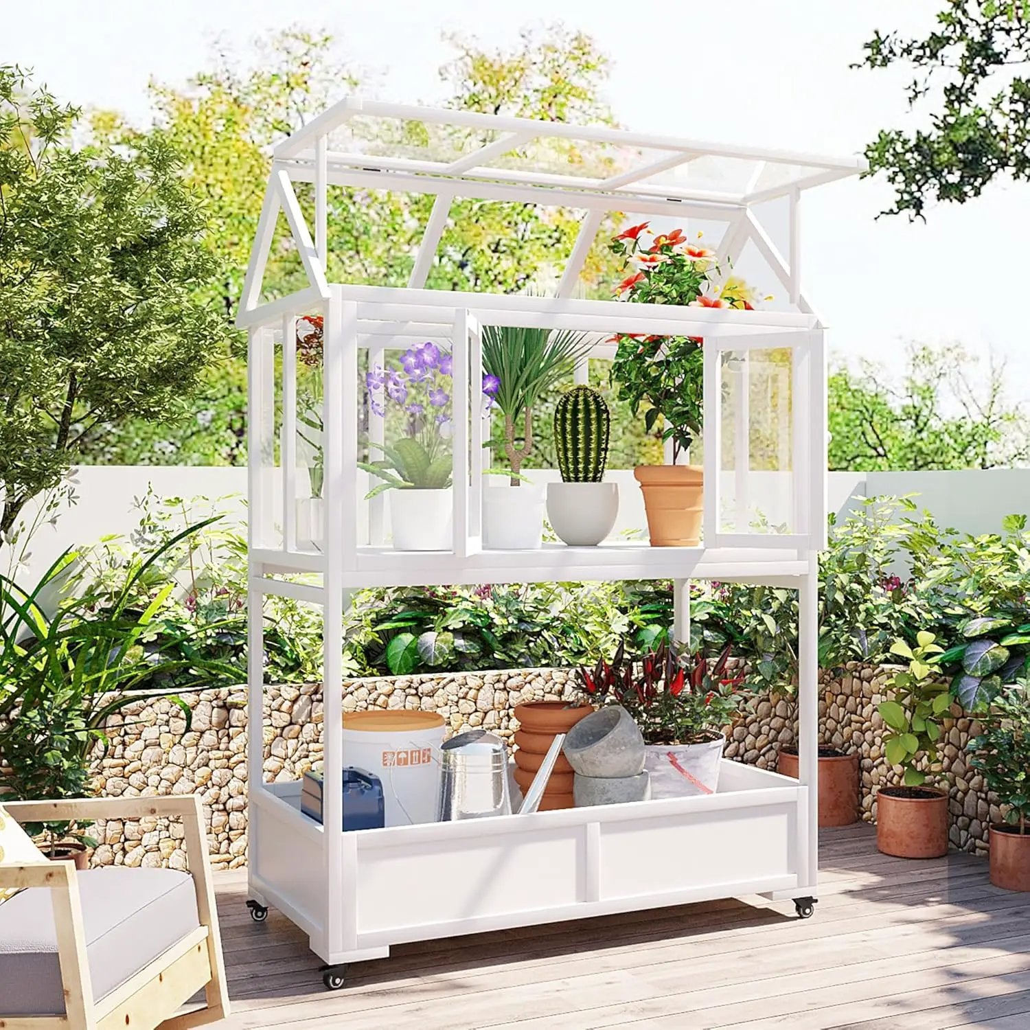 Garden Wood Portable Cold Frame - Mini Greenhouse with Wheels, Open Roof & Storage (White + Beige + Beige) by GreenHaven Gardens