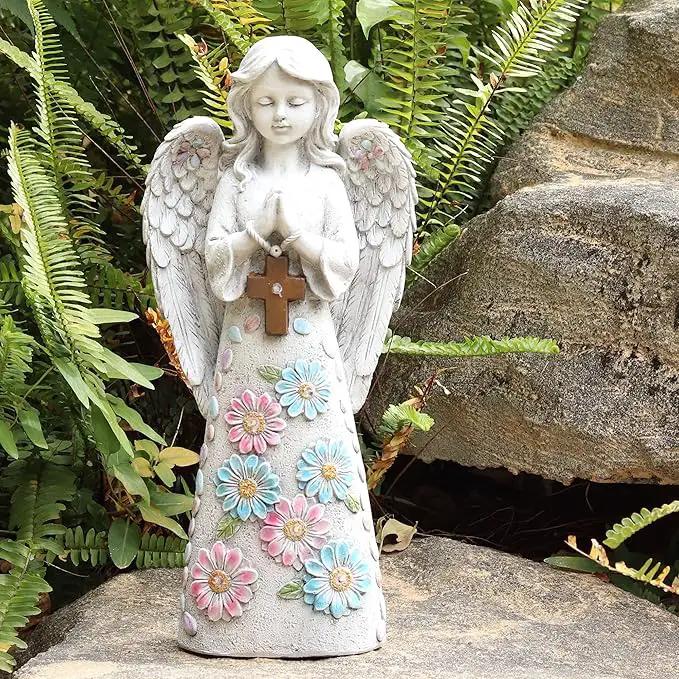 Angel Garden Figurine Outdoor Statue, Solar Garden Sculpture with 7 LEDs Welcome Sign Resin Praying Angel Art Decor for Patio Lawn Yard Porch Decoration, Housewarming Gift by GreenHaven Gardens