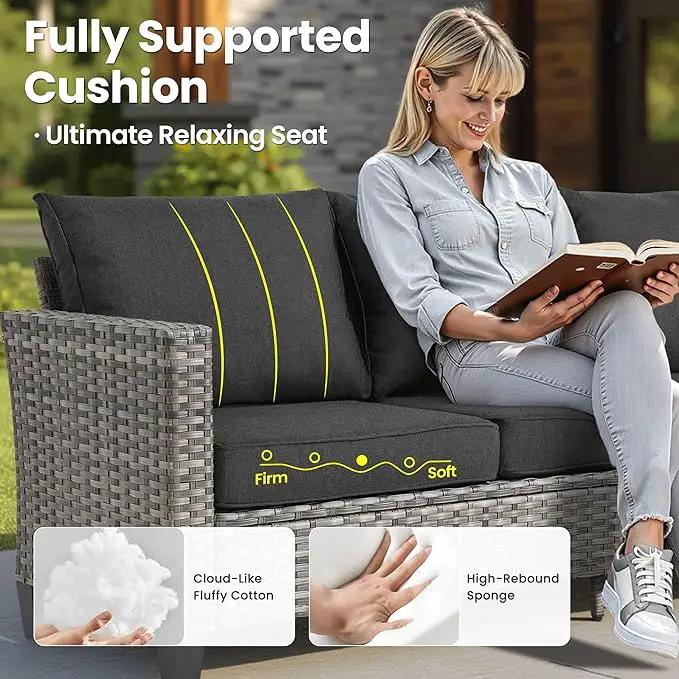 ovios 6 Pieces Patio Furniture Set with 42" Fire Pit Table, Outdoor Wicker Sofa with Comfy Cushions, All Weather High Back Rattan Couch Conversation Set, Black by GreenHaven Gardens