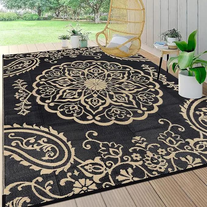 Pauwer Waterproof Outdoor Rug 6x9, Reversible Plastic Straw Patio Camping Rug, Indoor Outdoor RV Mat Carpet for Deck, Camper, Porch, Balcony, Backyard, Picnic, Boho Black Brown by GreenHaven Gardens
