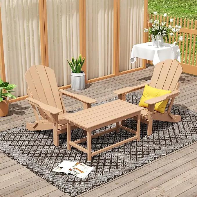 WO Home Furniture Adirondack Chairs Table Set of 3 PCS Outdoor Folding Chairs Coffee Table Weather/UV Resistant for Lawn, Garden, Bon Fire, Balcony (Teak) by GreenHaven Gardens