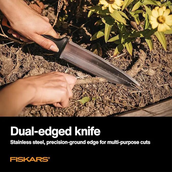 Fiskars Hori Hori Garden Knife with Sheath, Multi-Purpose Heavy Duty Gardening Hand Tool for Weeding, Planting, Digging with Hanging Hole by GreenHaven Gardens