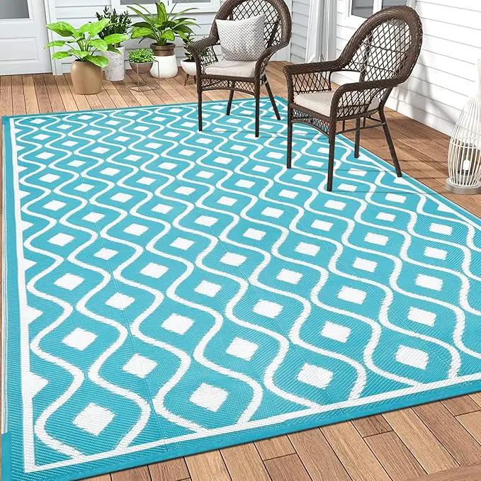 Pauwer Waterproof Outdoor Rug 8x10, Reversible Plastic Straw Patio Camping Rug, Indoor Outdoor RV Mat Carpet for Deck, Camper, Porch, Balcony, Backyard, Picnic, Geometric Teal by GreenHaven Gardens