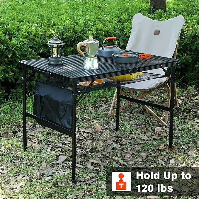 Folding Grill Table, 3x2 FT Portable Camping Table, Height Adjustable Metal Tables with Mesh Desktop and Mesh Bag, Outdoor Furniture for Camping, Picnic, Beach and BBQ, Black by GreenHaven Gardens