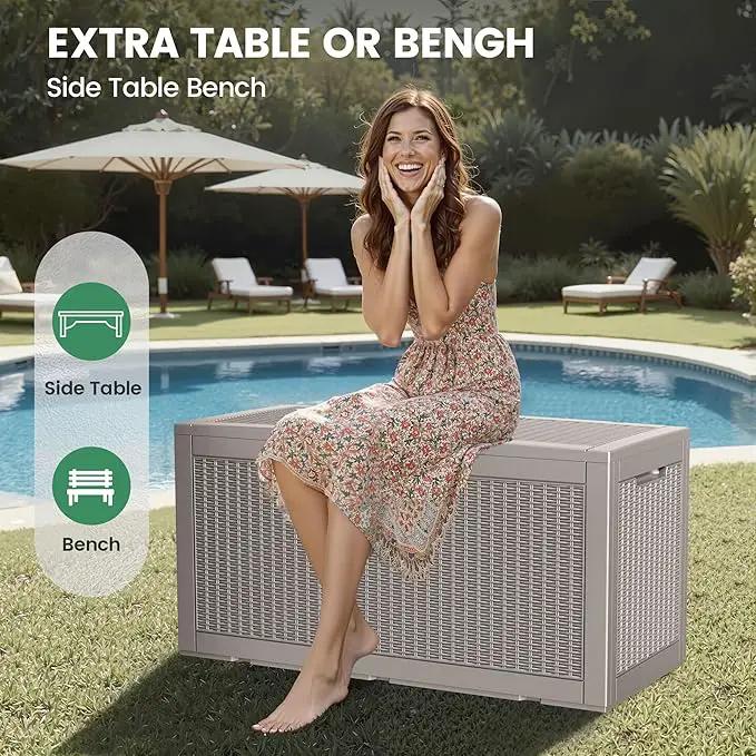 100 Gallon Storage Box, Waterproof Resin Deck Box with Hydraulic Piston Design, Lockable Storage Bench for Package Delivery, Storage Bin for Patio Cushions, Garden Tools, Grey by GreenHaven Gardens