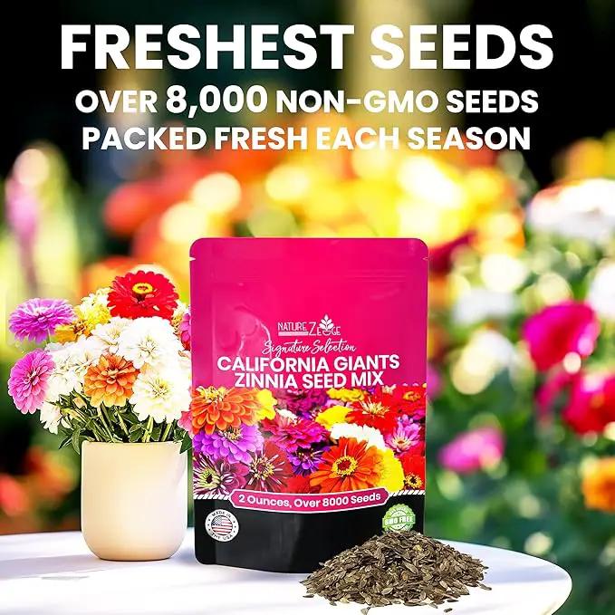 NatureZ Edge Zinnia Seeds for 2025 Planting Outdoors, Over 8250 Flower Seeds, 2 Oz, Non GMO Made in USA, Bulk Semillas De Flores para Sembrar, California Giants, Easy to Grow Zinnia Seed Mix by GreenHaven Gardens