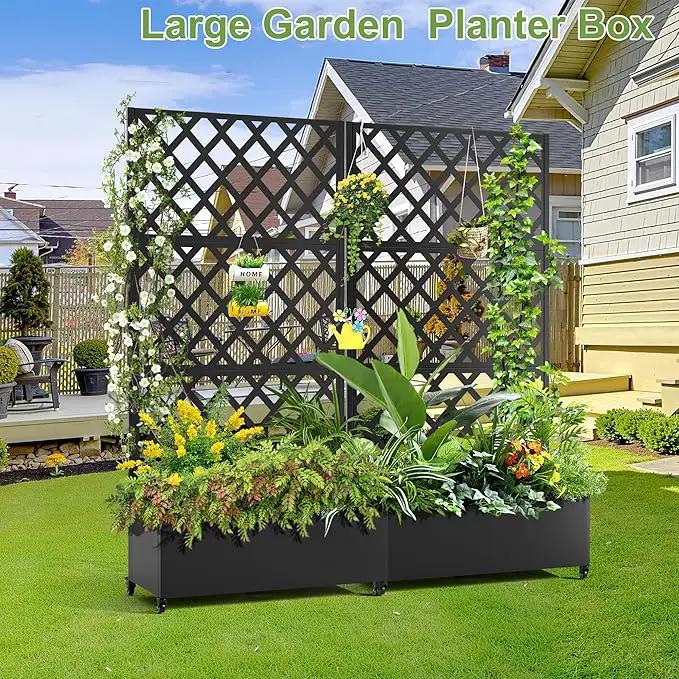 Metal Planter Trellis Box with Wheels & Drain Plug Outdoor Raised Garden Bed Patio Privacy Screen with Planter for Climbing Plants, Vegetables 73"x35"x16" Black-Diamond by GreenHaven Gardens