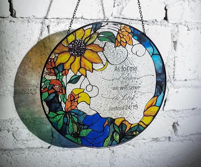 The Lord Suncatcher Stained Glass - As for Me and My House We Will Serve The Lord Christian Wall Decor | Bible Verse Wall Art for Bible Lovers Bible Verse Wall Art Themed Gift by GreenHaven Gardens