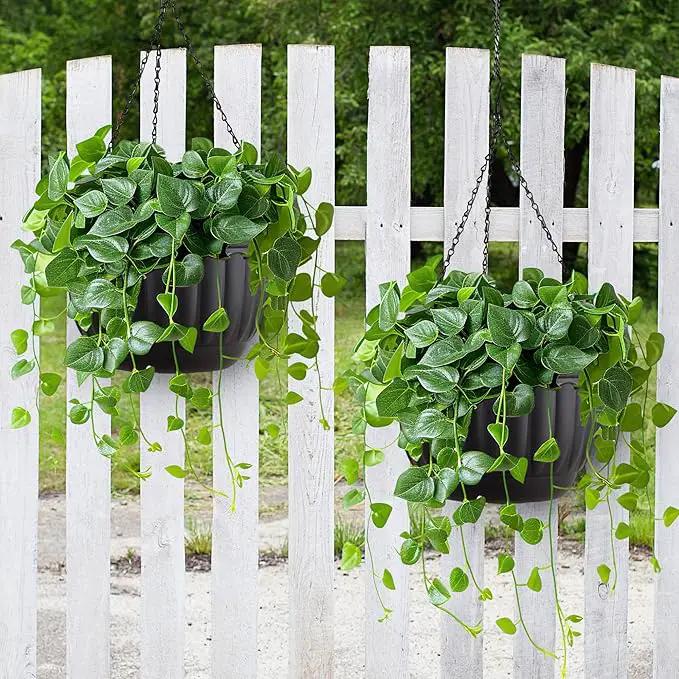 YIKUSH Planters for Outdoor Plants 2 Pack Black Plant Pots with Drainage Hole and Absorbing Tray Hanging Planters for Indoor Plants (12 inch, 3 Hooks) by GreenHaven Gardens