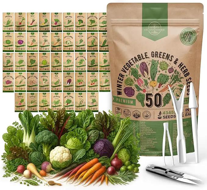 50 Winter Vegetable Garden Seeds Variety Pack - 43,450+ Non-GMO Heirloom Seeds for Outdoors & Indoor Home Gardening, Including Kohlrabi, Lettuce, Radish, Onion, Choy, Spinach, Cauliflower, Collards by GreenHaven Gardens