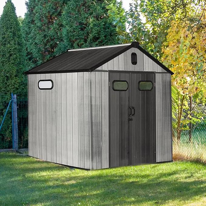 Domi 8x8 FT Outdoor Resin Storage Shed, All-Weather Double-Wall Storage Building for Backyard, Garden, Lawn Tools, Mower, Bike & Pool Equipment, Lockable Doors, Ventilated Roof, Grey by GreenHaven Gardens