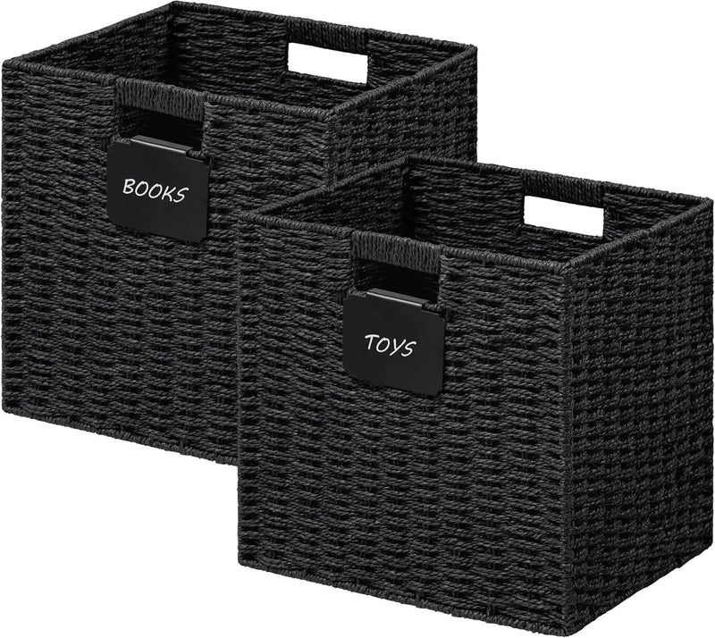 UBBCARE 2 Pack Wicker Basket, 12×12 Storage Cubes with Label, Foldable Cube Storage Bin with Handle, Square Storage Basket for Shelves, Woven Paper Rope Basket for Organizing, Black by GreenHaven Gardens